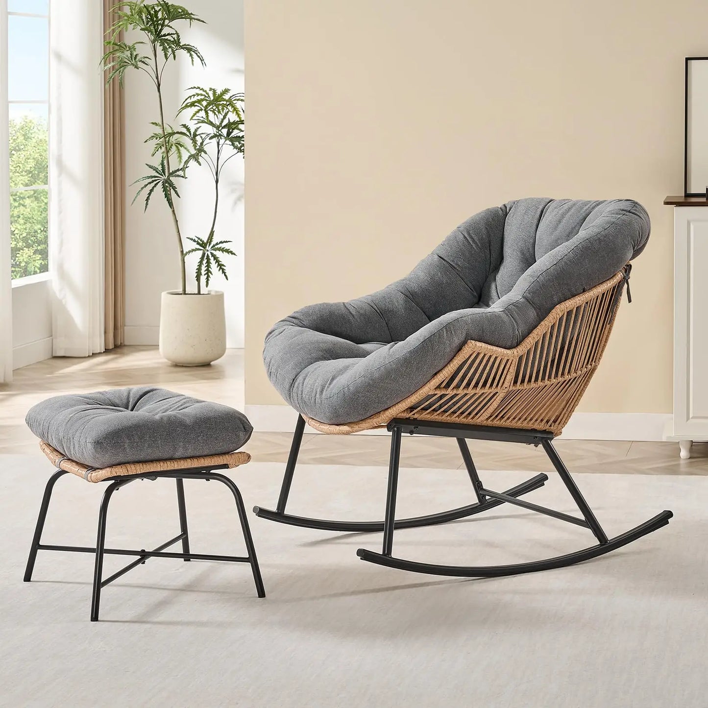 ONBRILL Papasan Rattan Rocking Chair With Ottoman Set