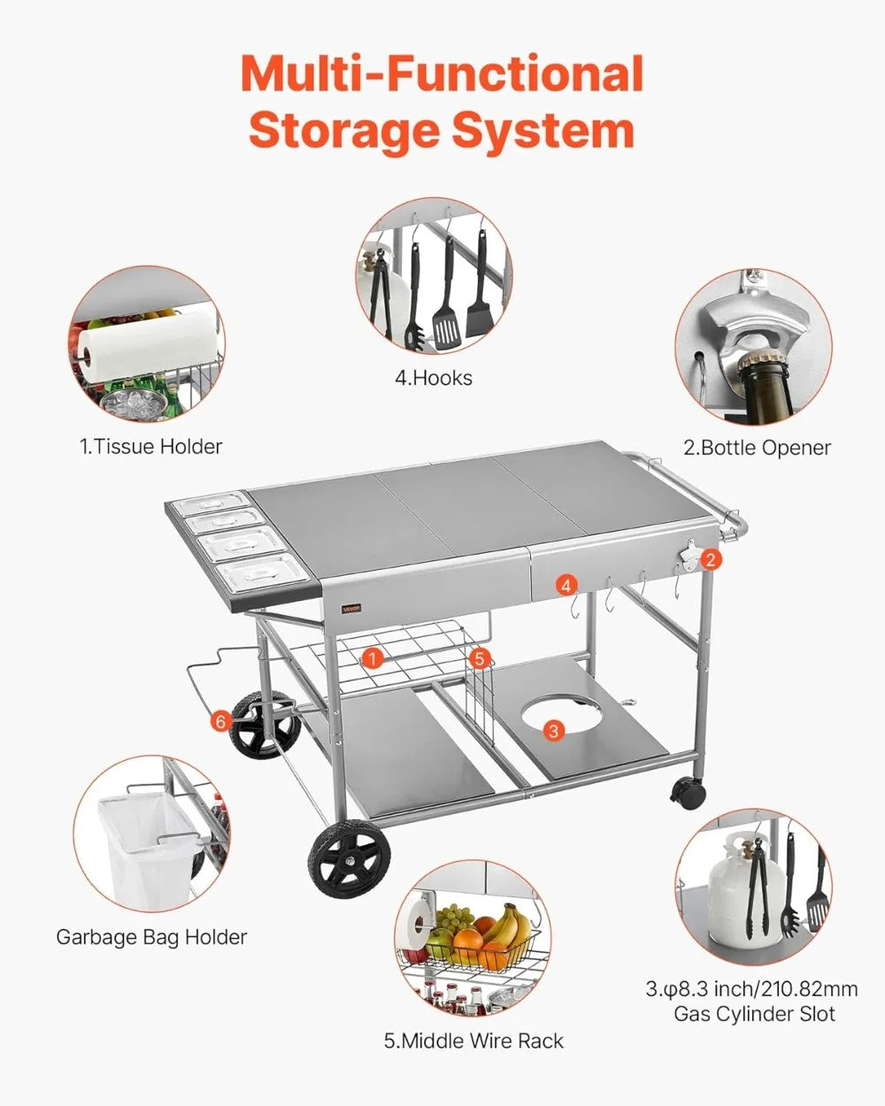 Outdoor Grill Cart With Wheels Movable BBQ Prep Table Picnic