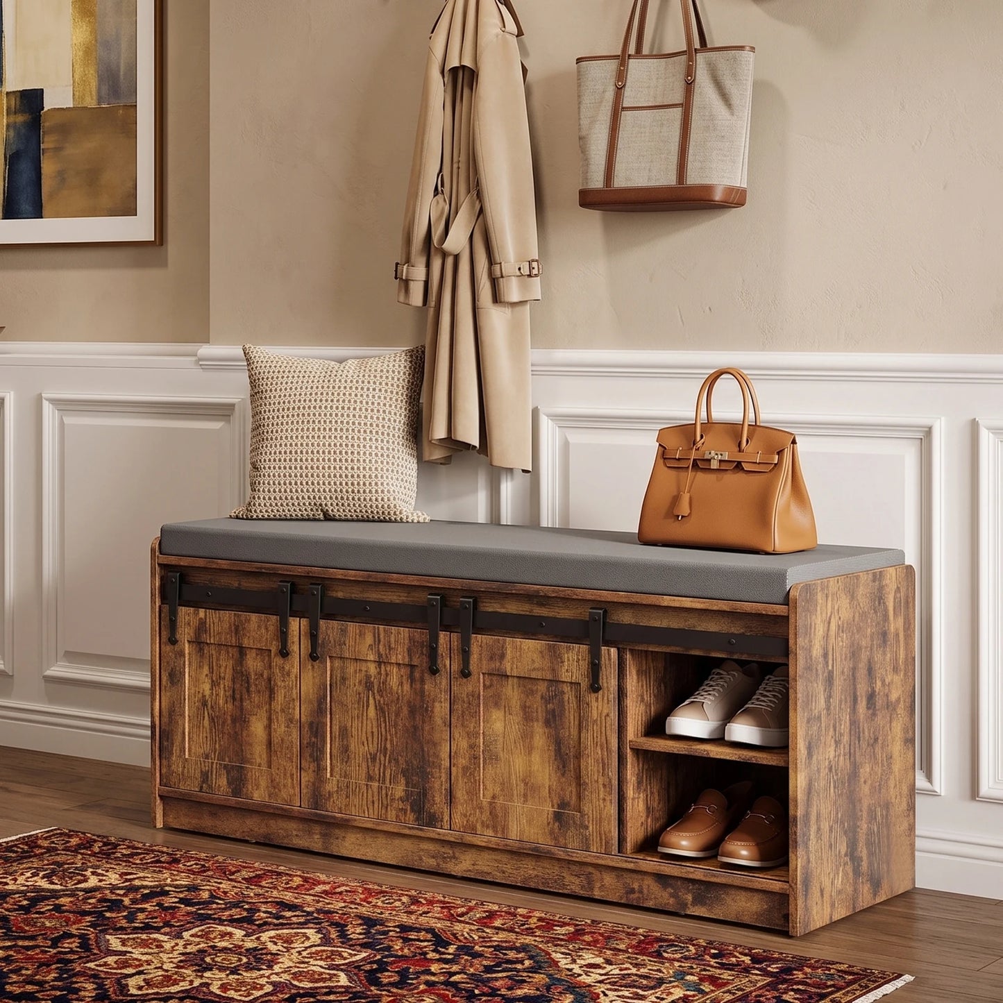 TinyNest Wooden Shoe Storage Bench With Soft Linen Cushion