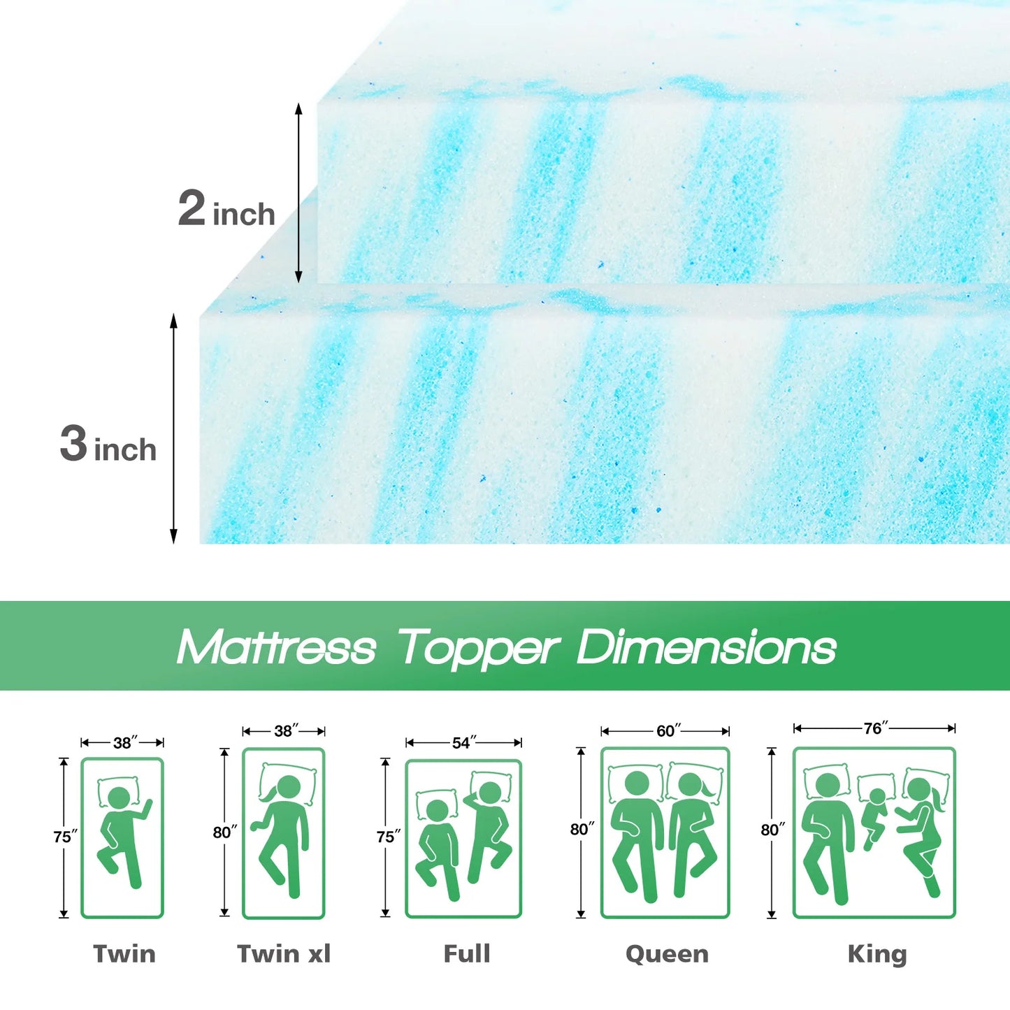 JHK Memory Foam Mattress Topper Gel Cooling For Bedroom