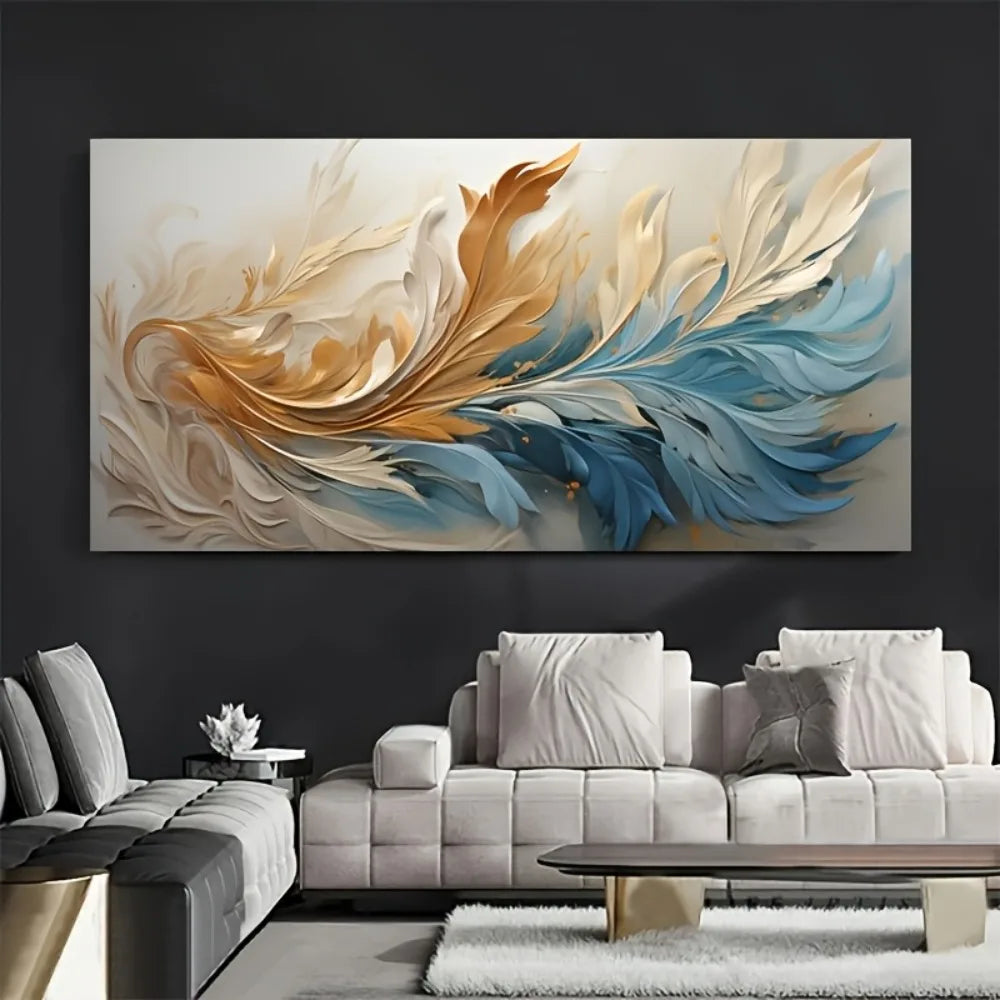 Modern Abstract Gold Feather Canvas Art For Elegant Interior Decor