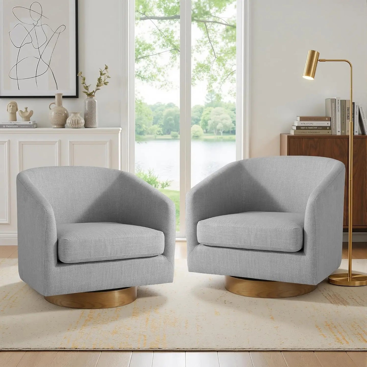 Swivel Accent Chair Set Of 2 Fabric Upholstered Barrel Armchairs