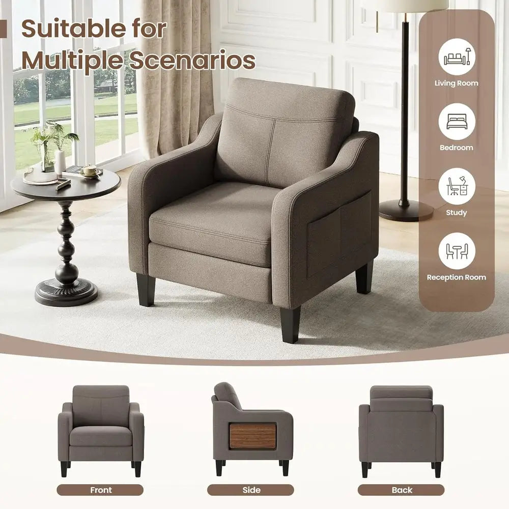 Elegant Linen Upholstered Armchair With Solid Wood Living Room Furniture