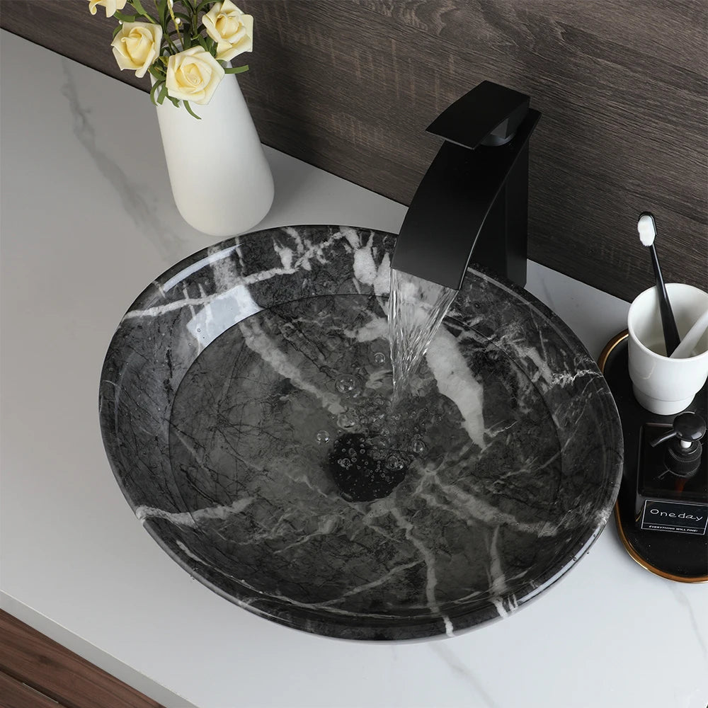 Mekkhal Ceramic Vessel Sink Set With Waterfall Faucet For Bathroom