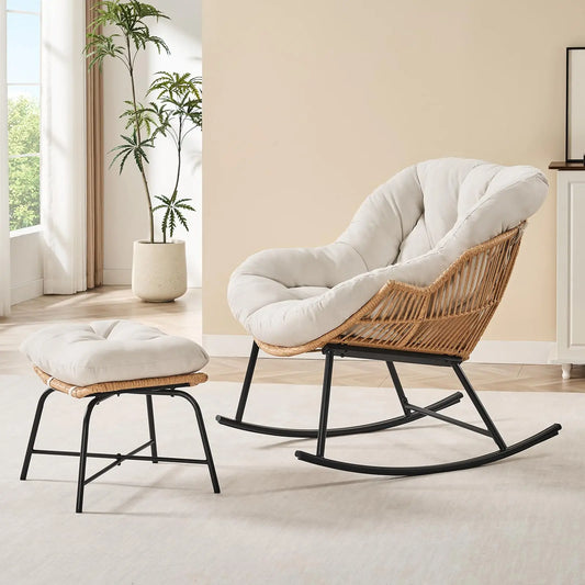 ONBRILL Papasan Rattan Rocking Chair With Ottoman Set