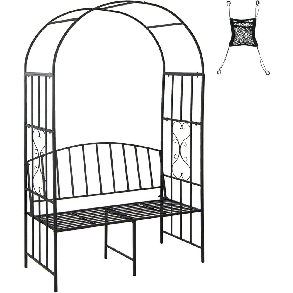 Metal Garden Arch With Bench For Climbing Plants And Vines