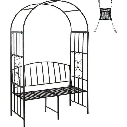Metal Garden Arch With Bench For Climbing Plants And Vines