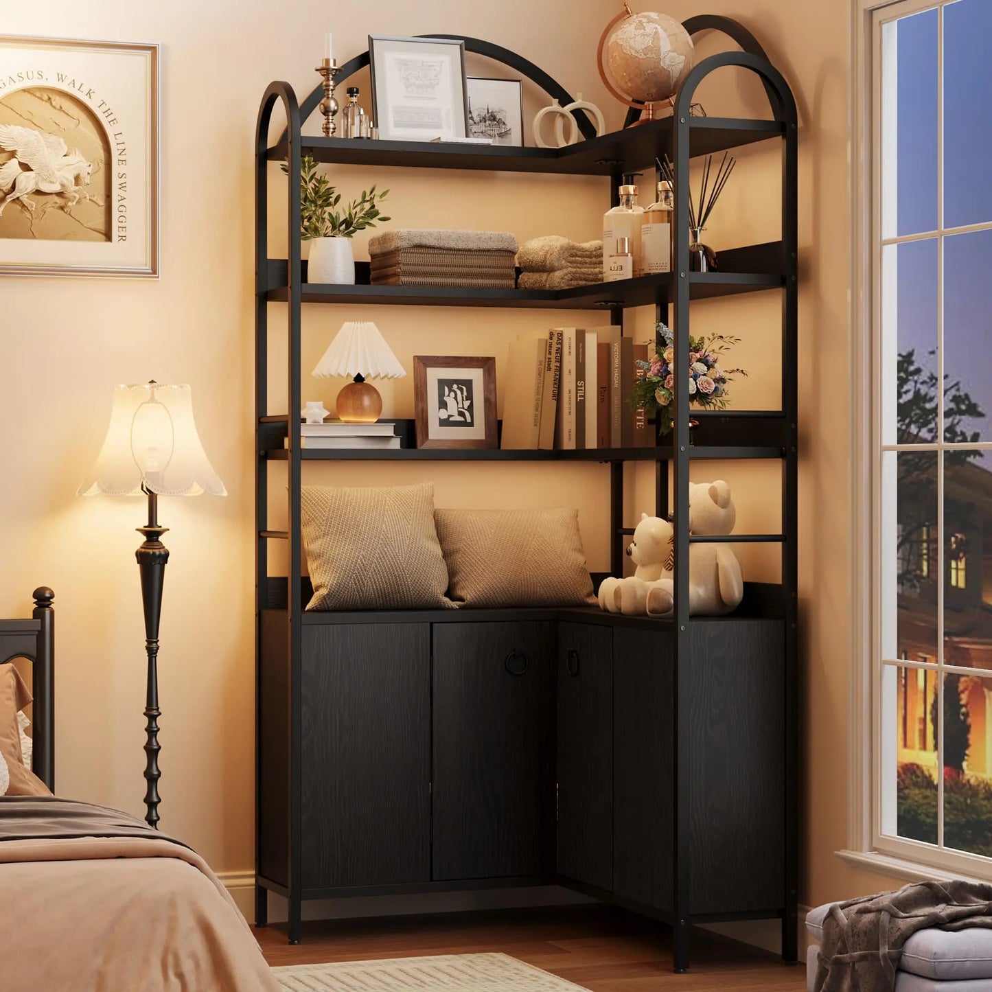 HiMiss Arched Corner Bookcase With Cabinet Storage Shelf Unit