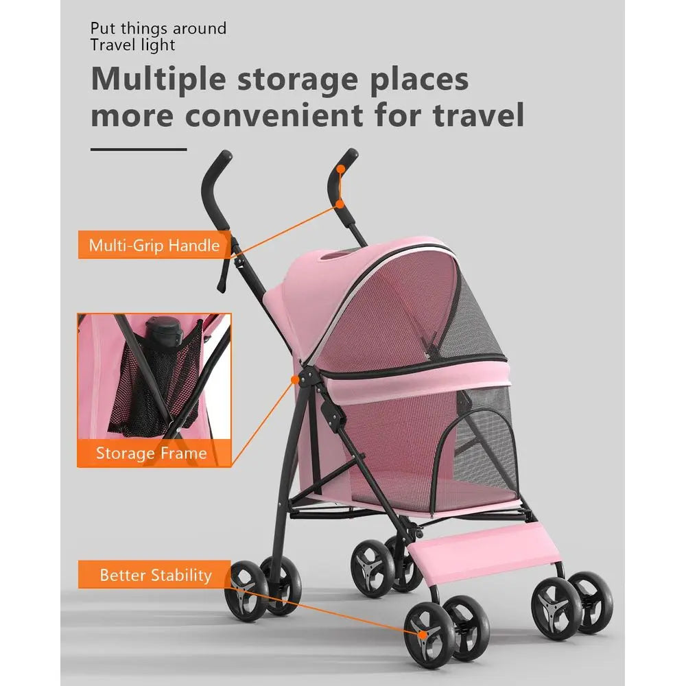 Portable Pet Stroller With Rear Wheel Brakes And Storage Basket