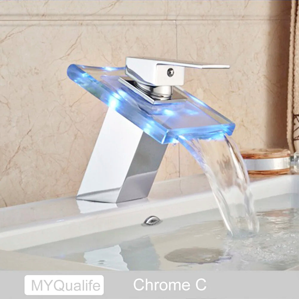 MYQualife LED Waterfall Basin Sink Faucet Single Handle Deck Mounted