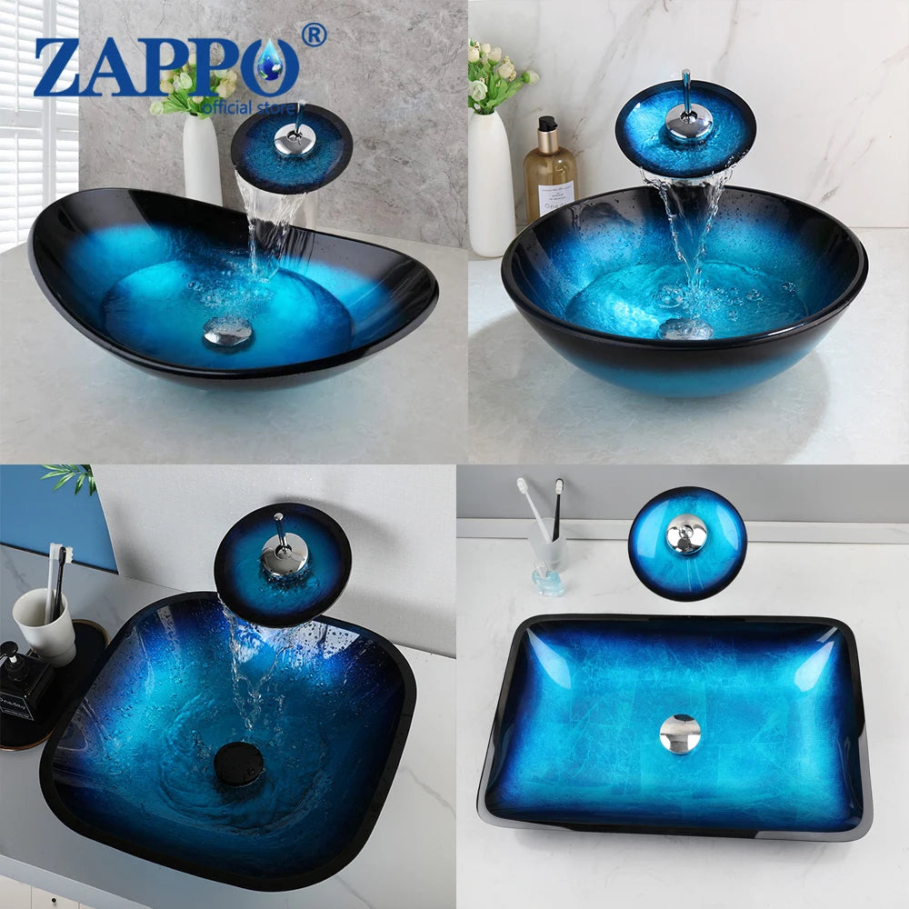Mekkhalia Tempered Glass Oval Vessel Sink With Waterfall Faucet