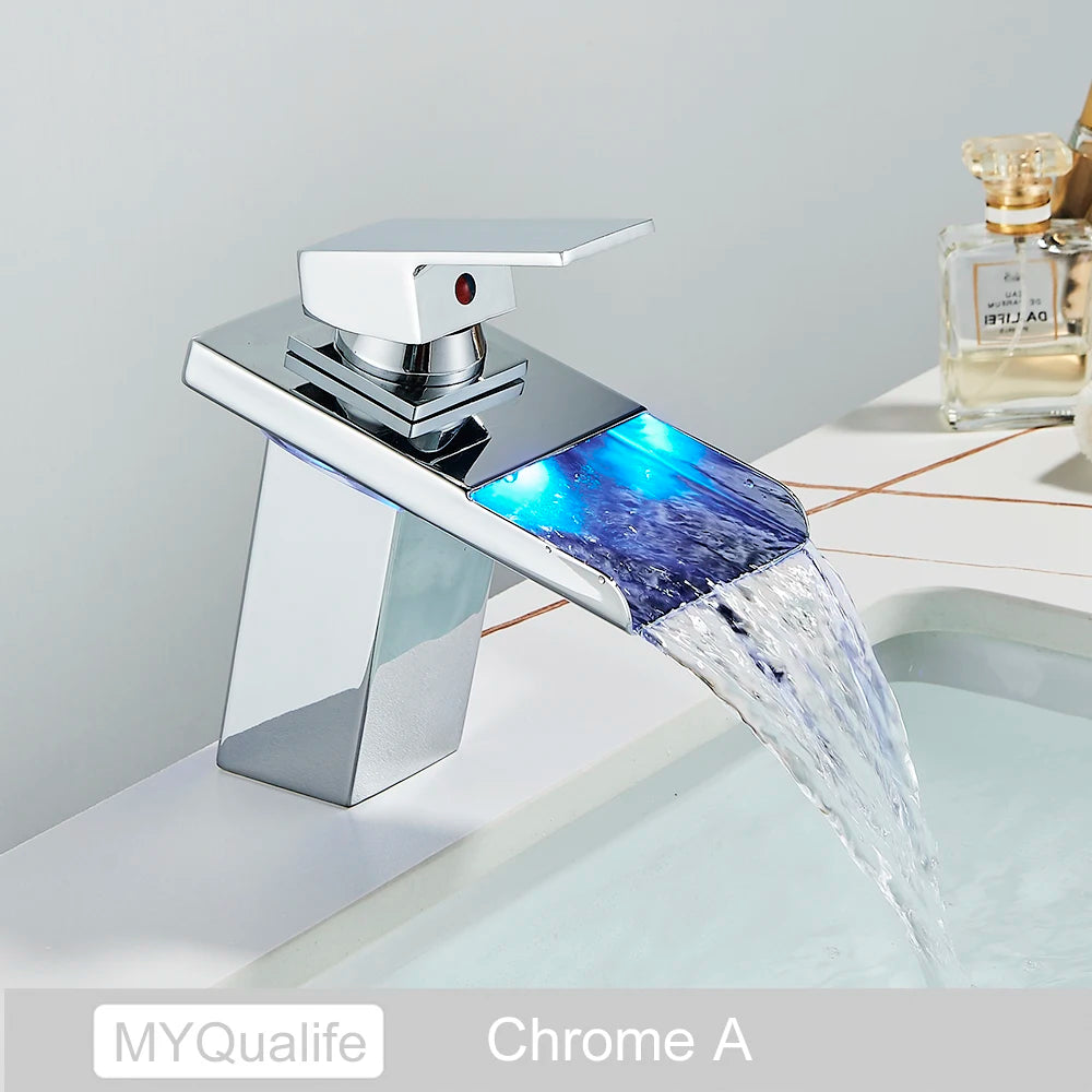 MYQualife LED Waterfall Basin Sink Faucet Single Handle Deck Mounted