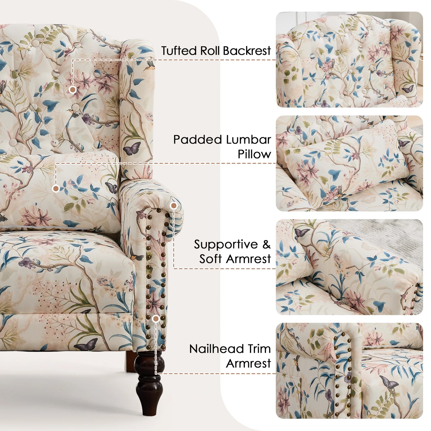 TCGBKAF Mid Century Modern Floral Fabric Wingback Accent Chair