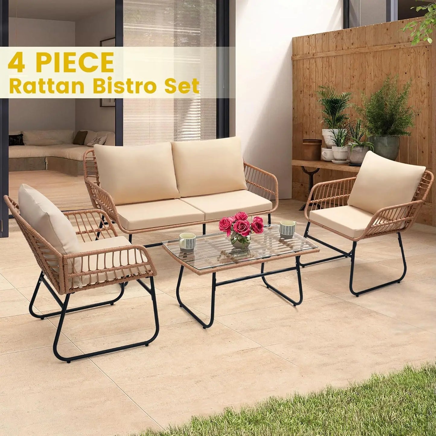4 Piece Patio Bistro Outdoor Furniture Set Wicker Sofa and Table for Backyard