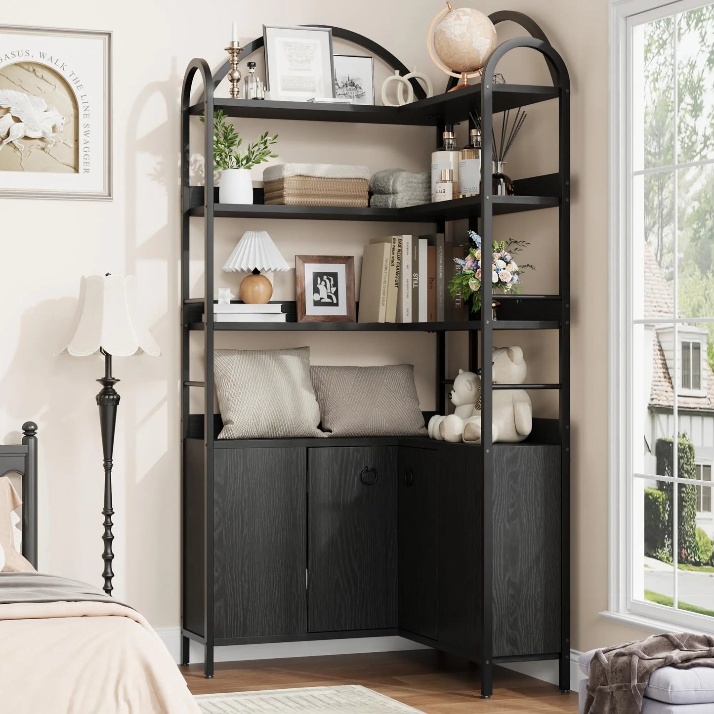 HiMiss Arched Corner Bookcase With Cabinet Storage Shelf Unit