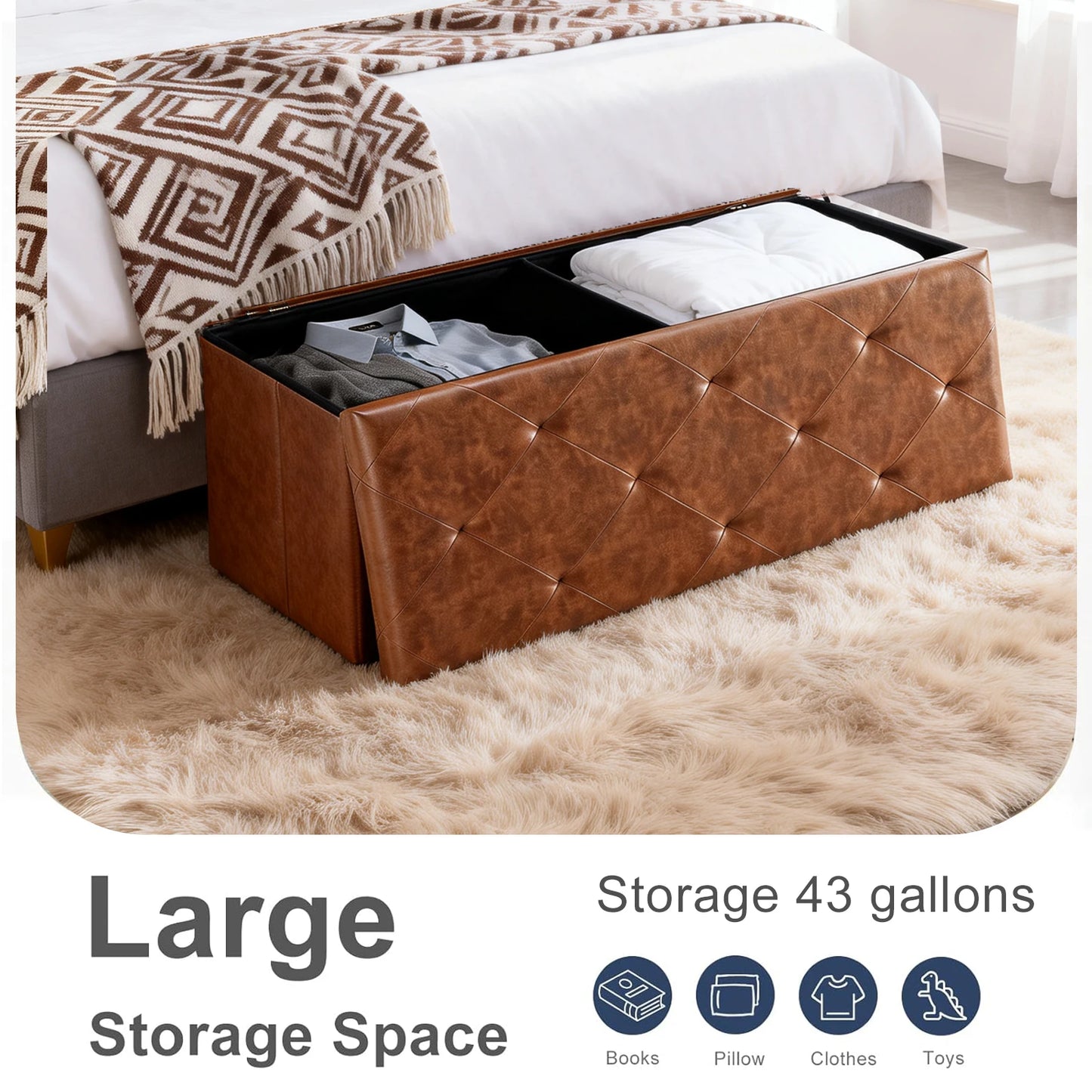 Tufted Faux Leather Storage Bench Ottoman 400lb Capacity Bedroom