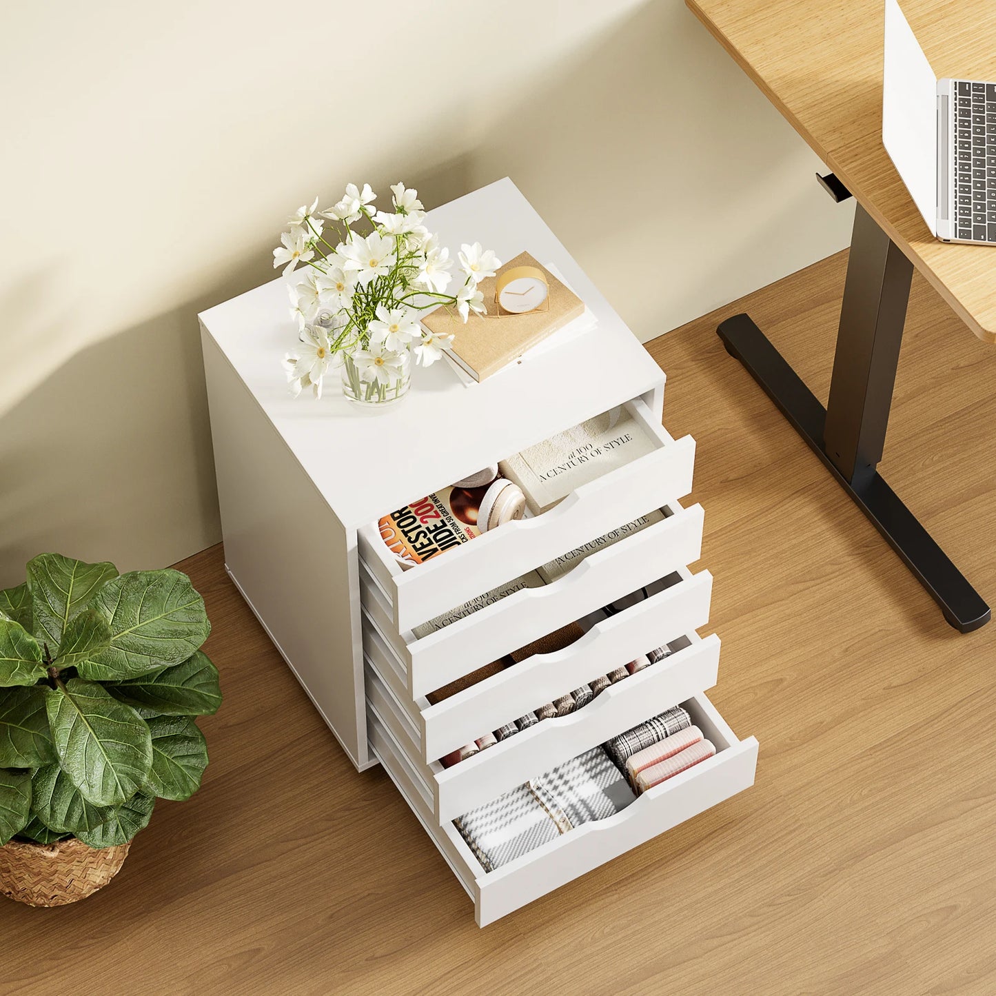 JHK Wood Living Room Cabinet With Five Drawer Organizer