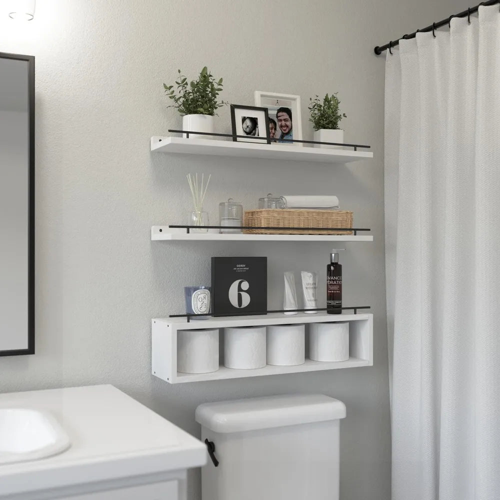 Wall Mounted Wooden Bathroom Shelf With Guardrail And Paper Rack