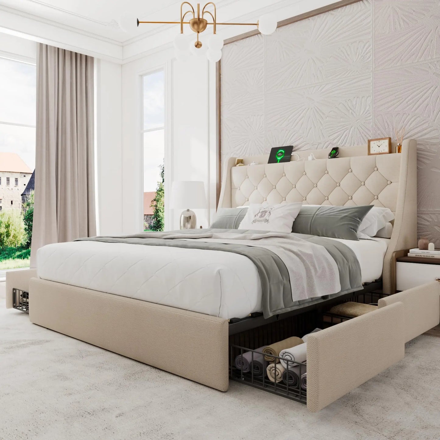 Upholstered Bed Frame With Storage Drawers And USB Charging Station