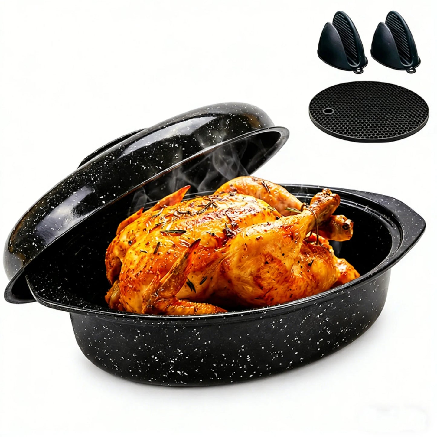 Enameled Oval Roaster With Lid, 7lb Poultry Capacity, Dishwasher Safe
