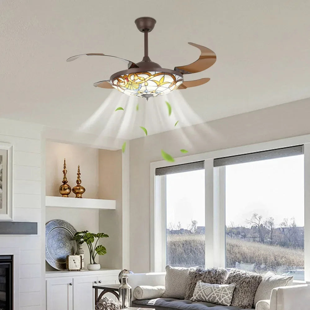 Tiffany Style Ceiling Fan With Remote, LED Light, Color Changing