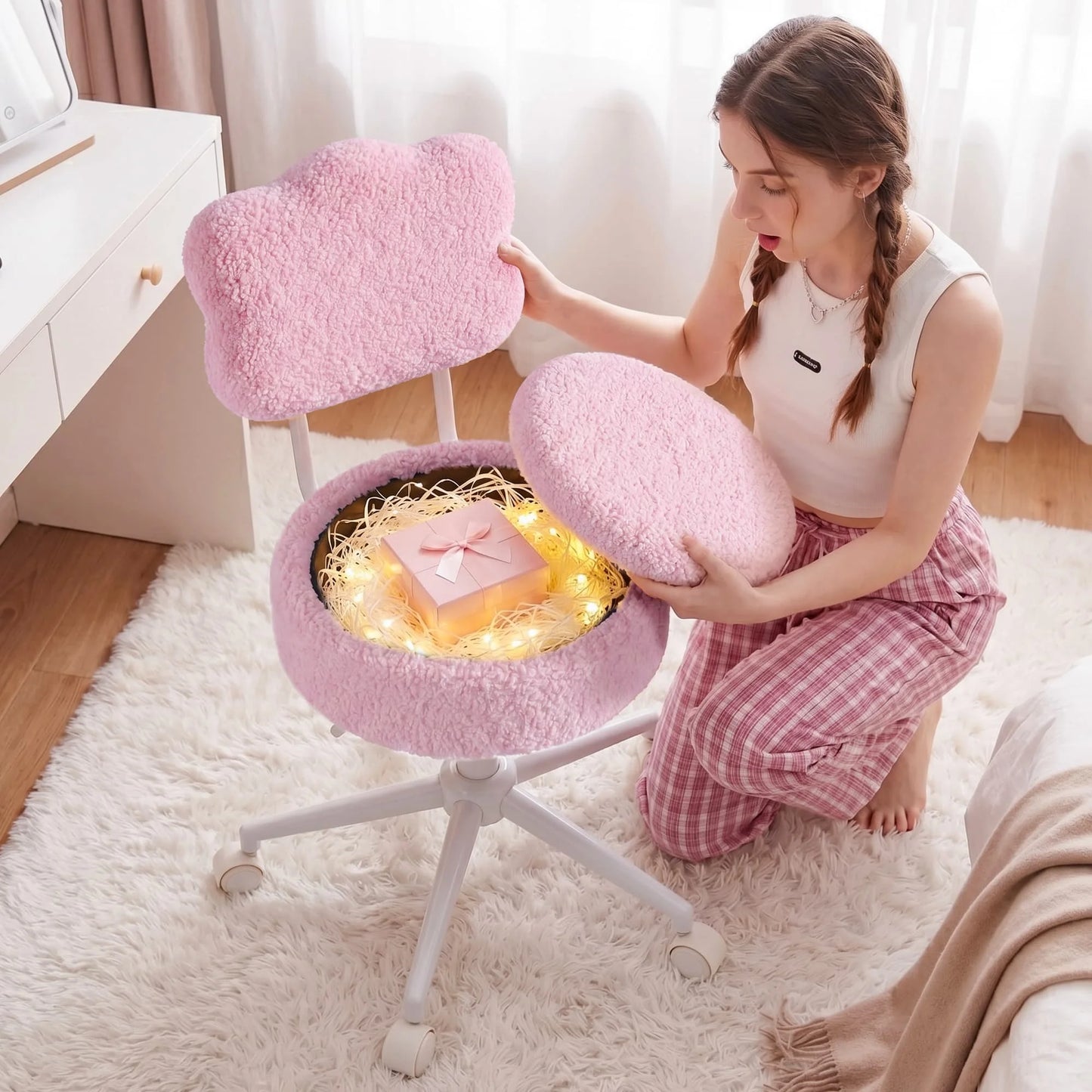 Adjustable Vanity Chair With Swivel Seat And Storage Shelf