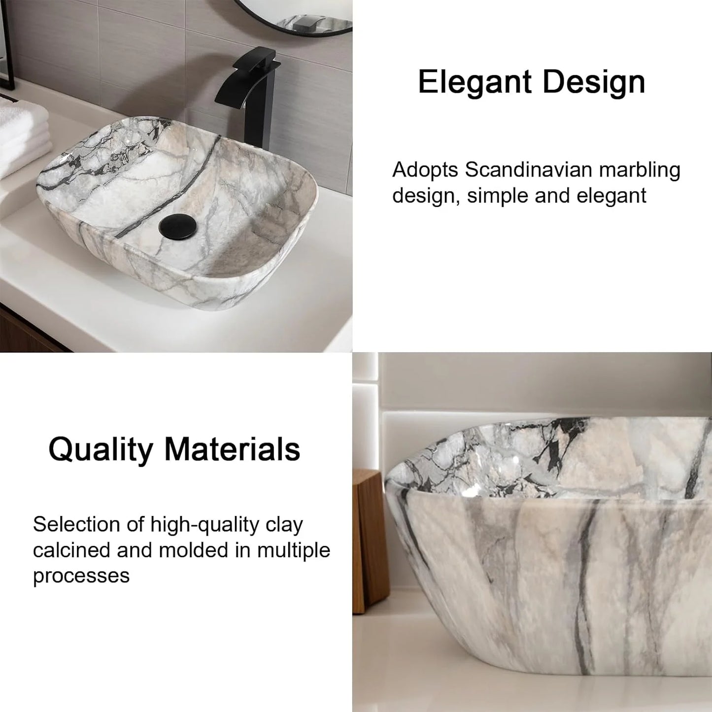 Mekkhala Rectangular Ceramic Vessel Bathroom Sink Set With Drainer