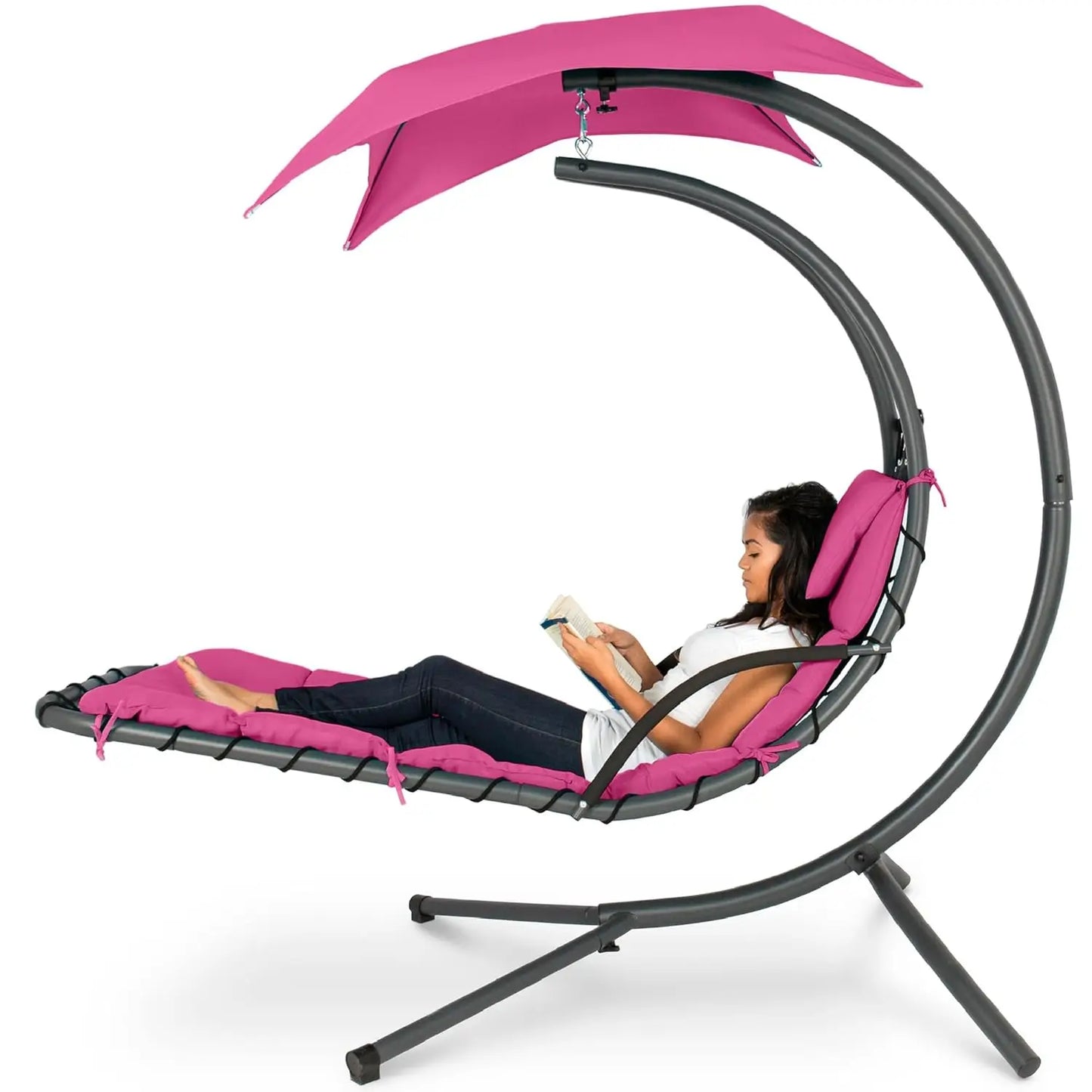 Curved Steel Outdoor Hanging Chaise Lounge Removable Canopy Pillow