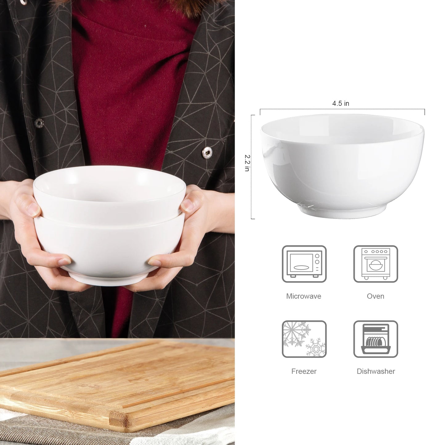 Porcelain Bowls Set Eight Pack Premium White Ceramic Microwave Dishwasher Safe