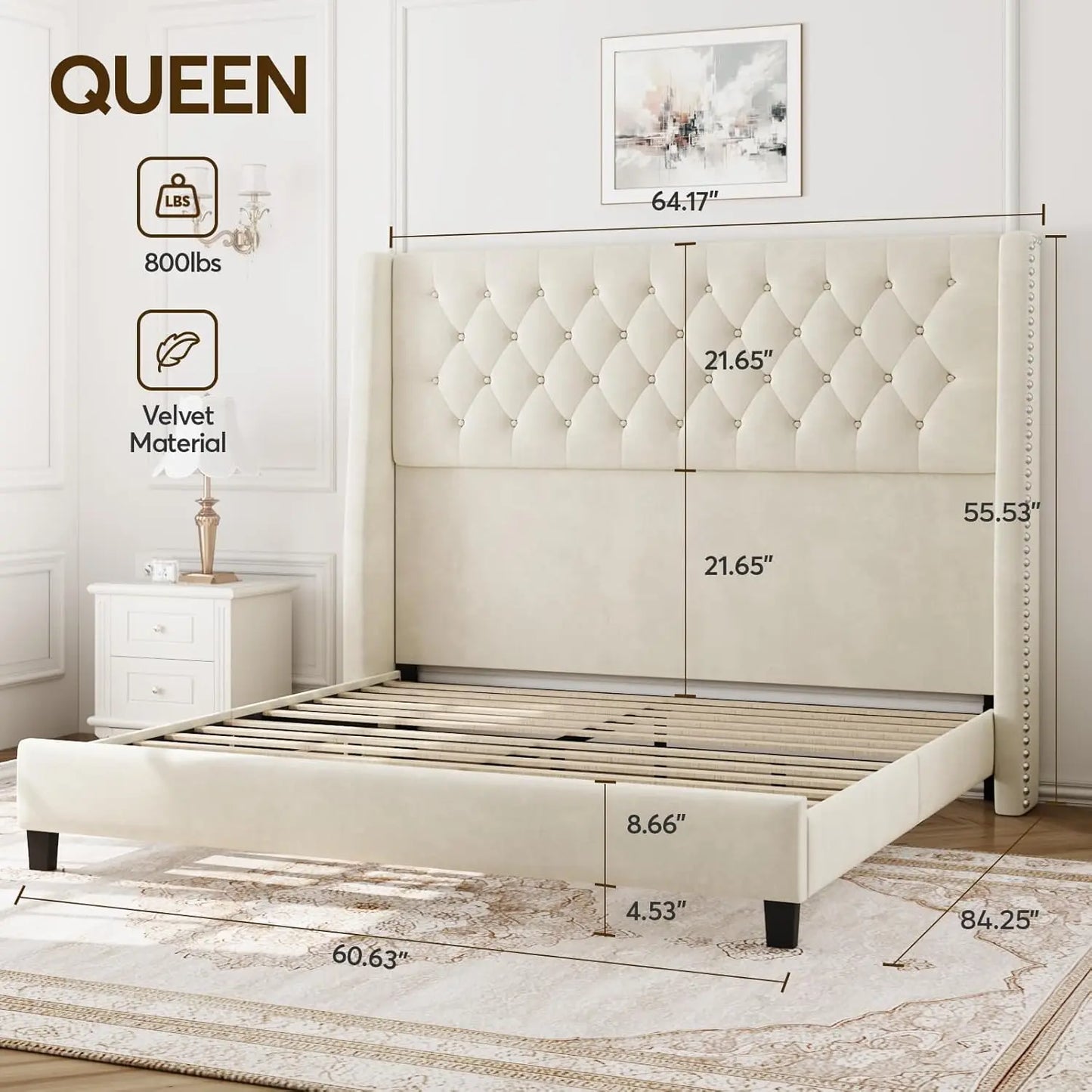Upholstered Platform Bed Frame With Button Tufted Headboard