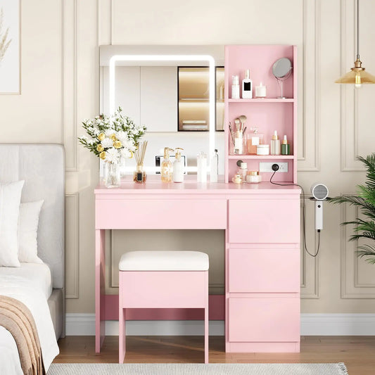 Modern Wooden Vanity Desk With LED Mirror And Storage Stool