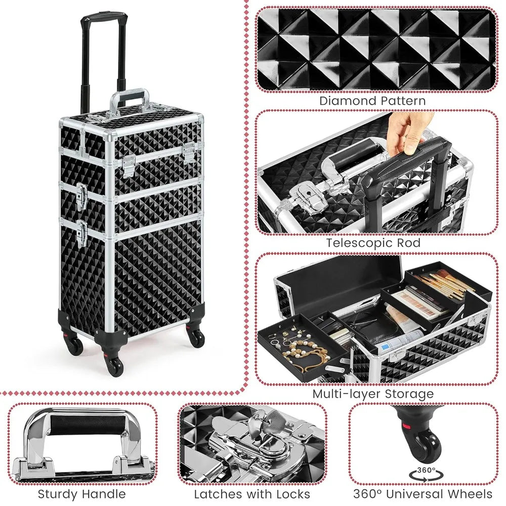 YTYIN 3 In 1 Rolling Makeup Train Case With Swivel Wheels