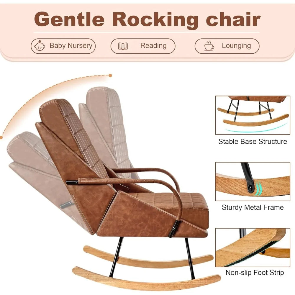 Nursery Rocking Chair Glider With High Backrest Upholstered Faux Leather