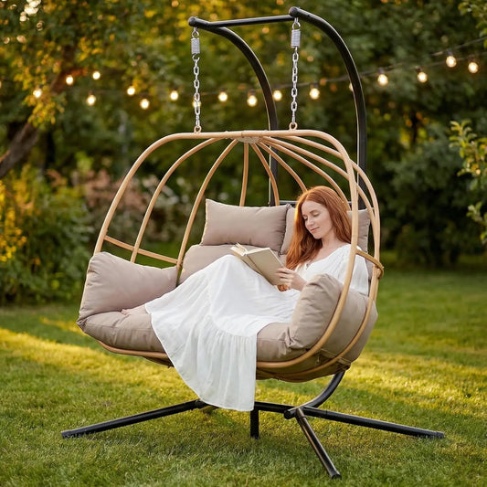Double Egg Hanging Swing Chair With Stand Cushions Headrest