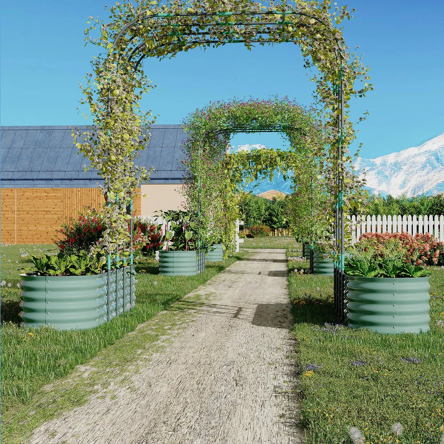 HiMiss Galvanized Steel Raised Garden Bed With Arch Trellis