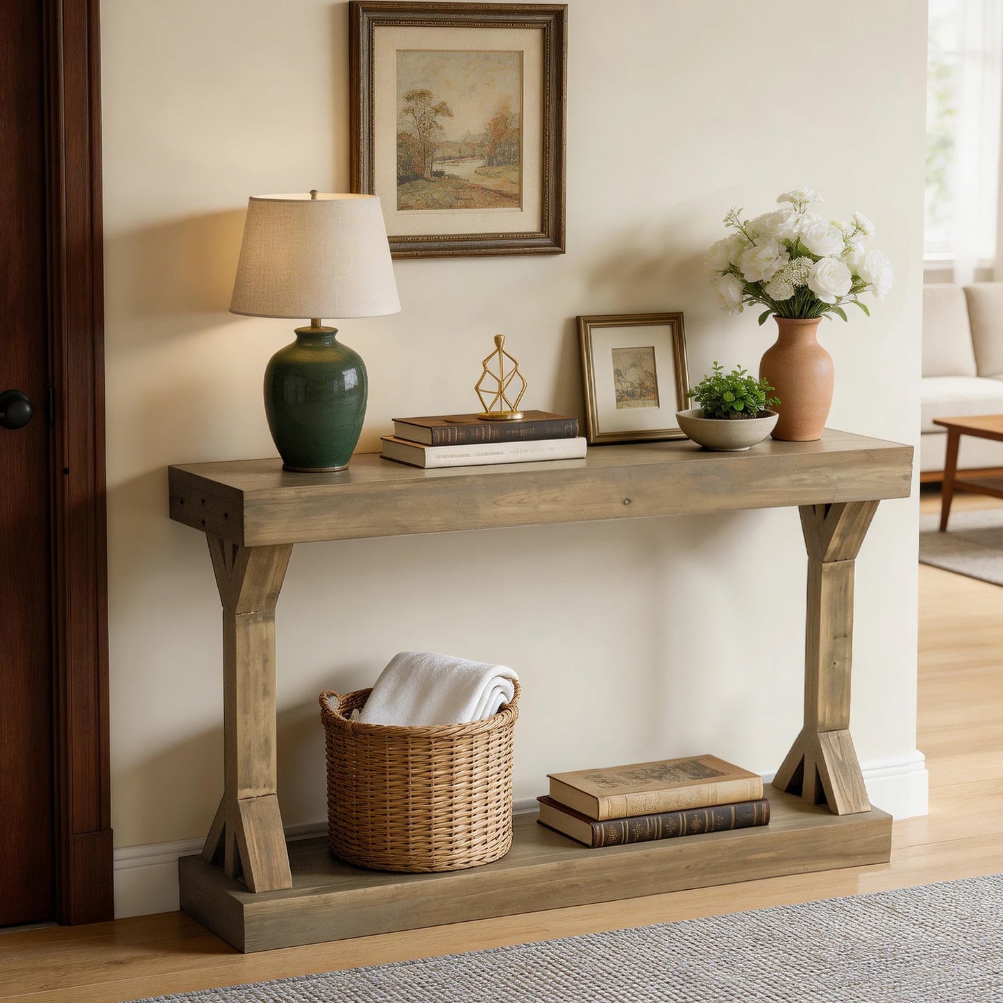 Luvodi Rustic Solid Wood Console Table With Storage Shelf