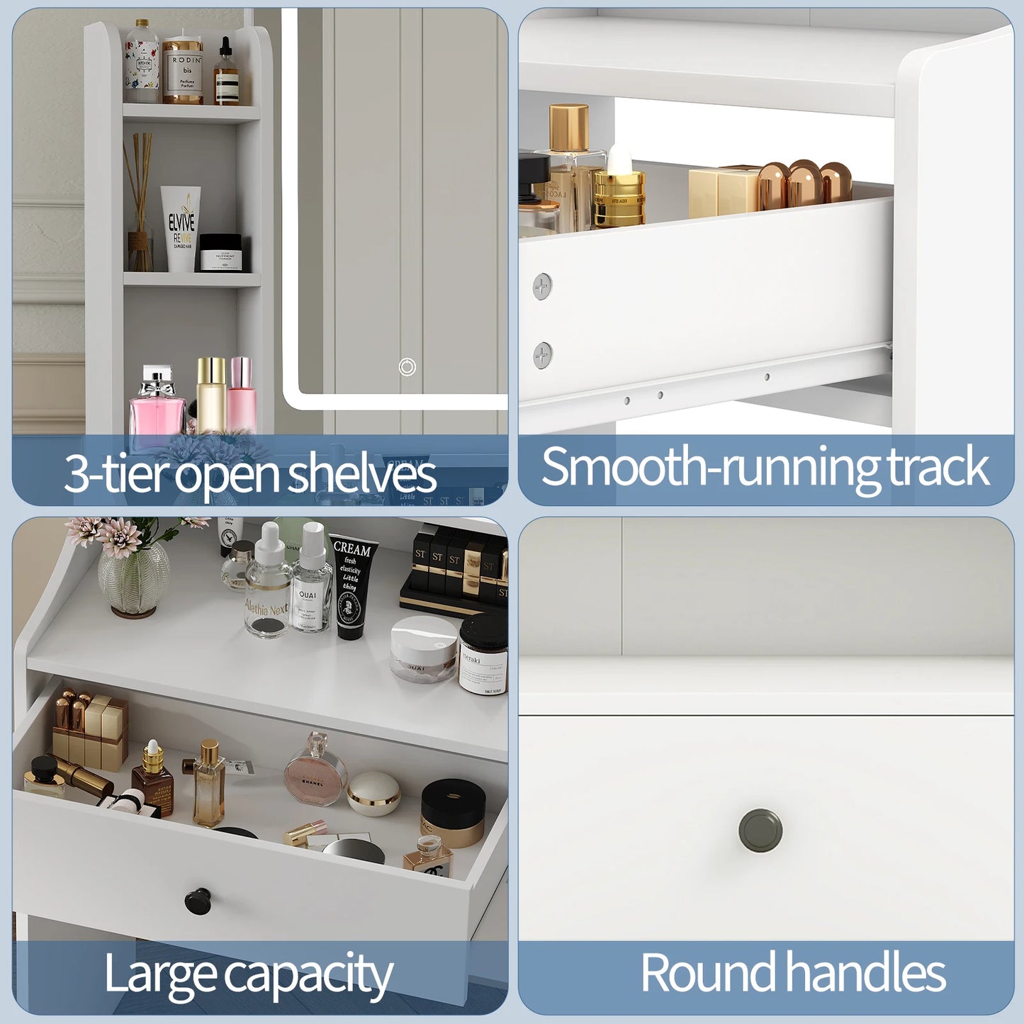JHK Modern Wooden Vanity Set With Mirror And Storage Bench