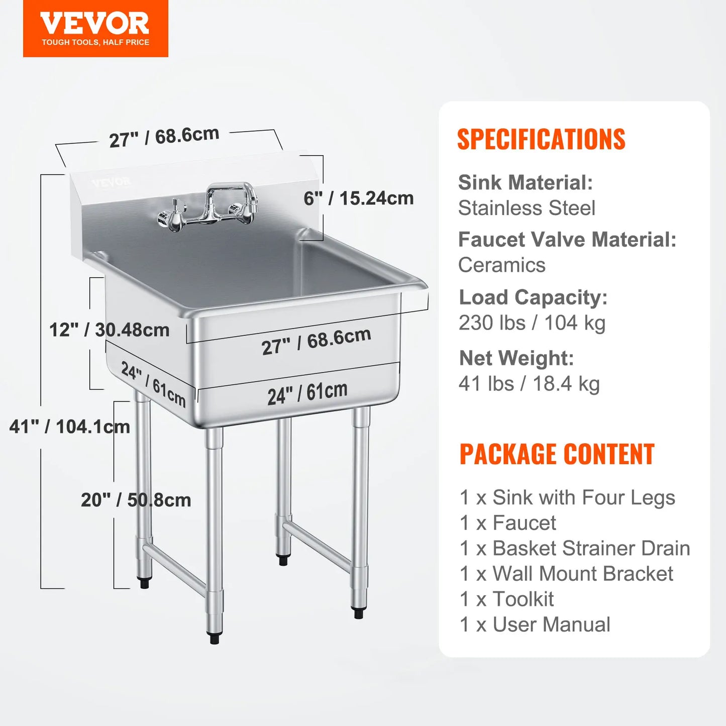 Stainless Steel Kitchen Prep And Utility Sink With Single Bowl Faucet