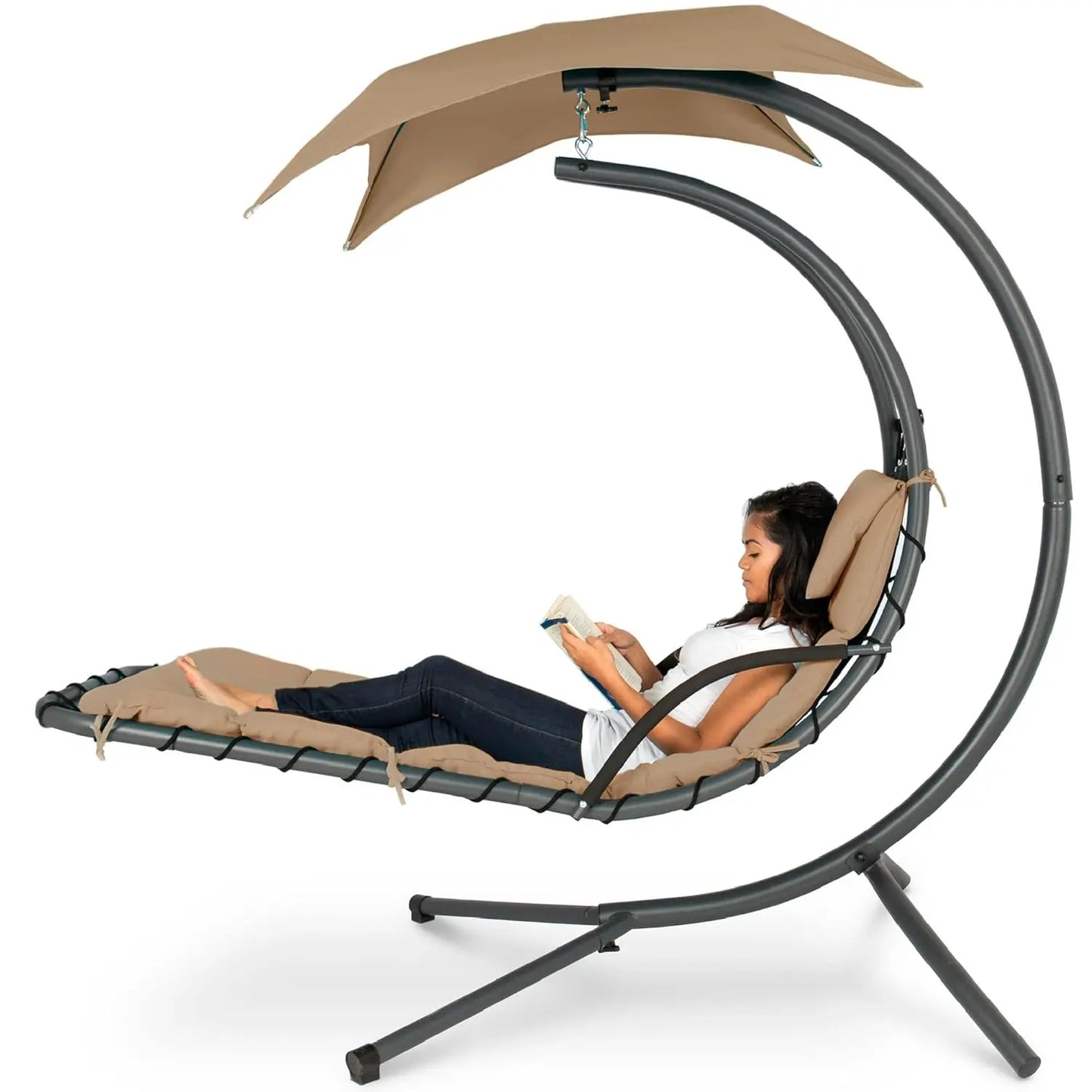 Curved Steel Outdoor Hanging Chaise Lounge Removable Canopy Pillow