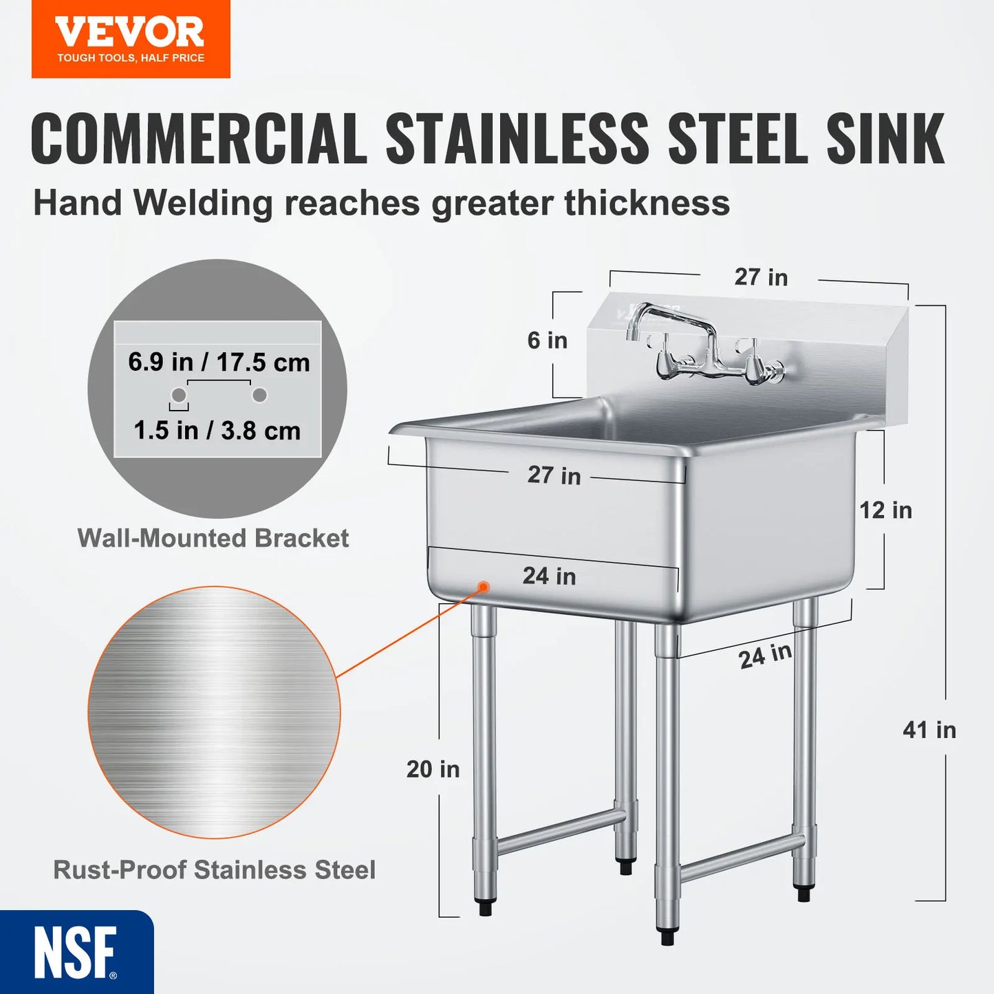 Stainless Steel Kitchen Prep And Utility Sink With Single Bowl Faucet