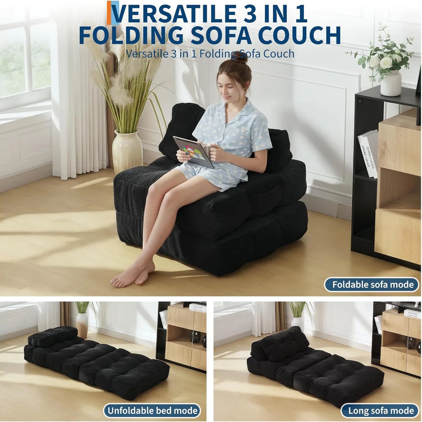 HiMISS Folding Sofa Bed Convertible Sleeper Chair with Side Pocket