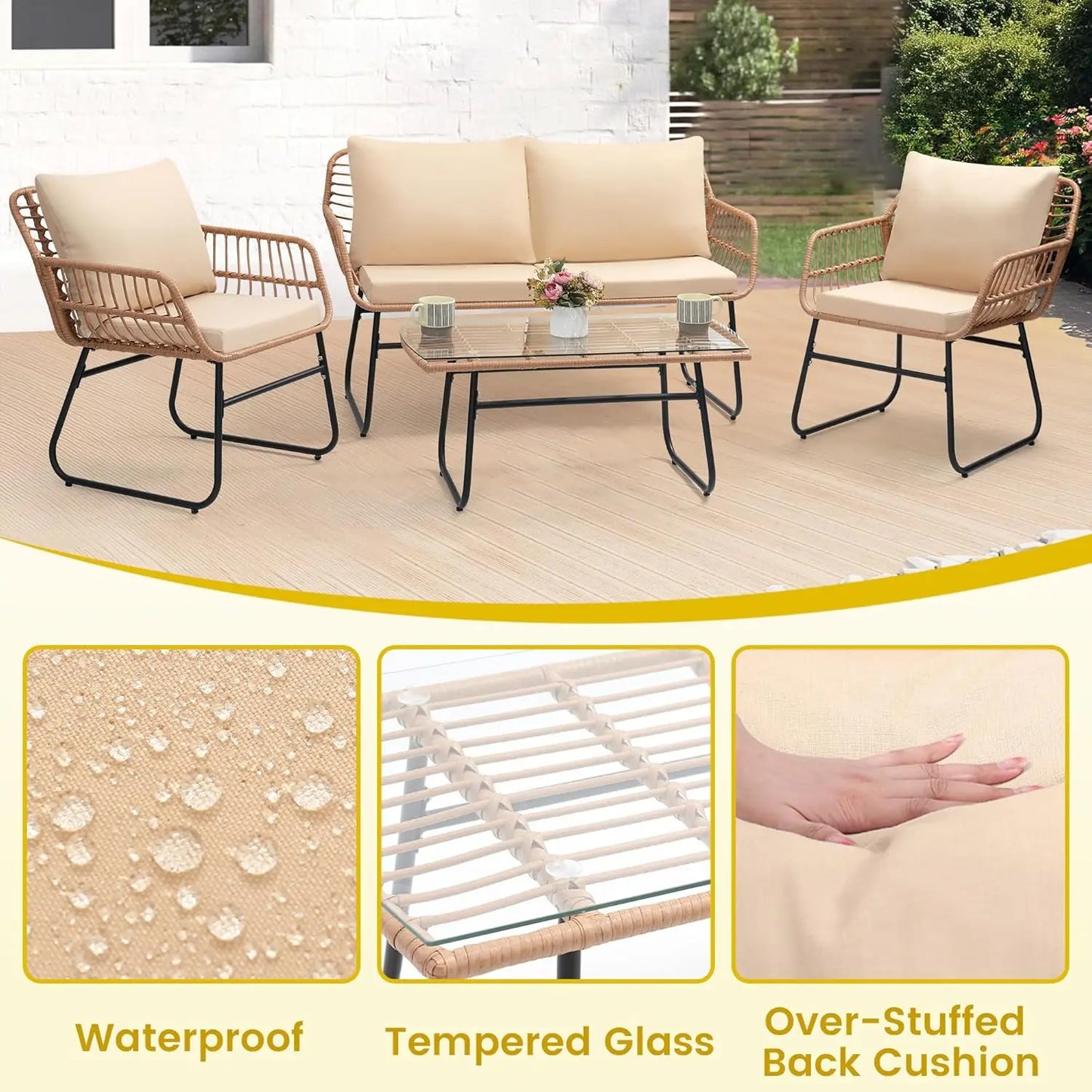 4 Piece Patio Bistro Outdoor Furniture Set Wicker Sofa and Table for Backyard