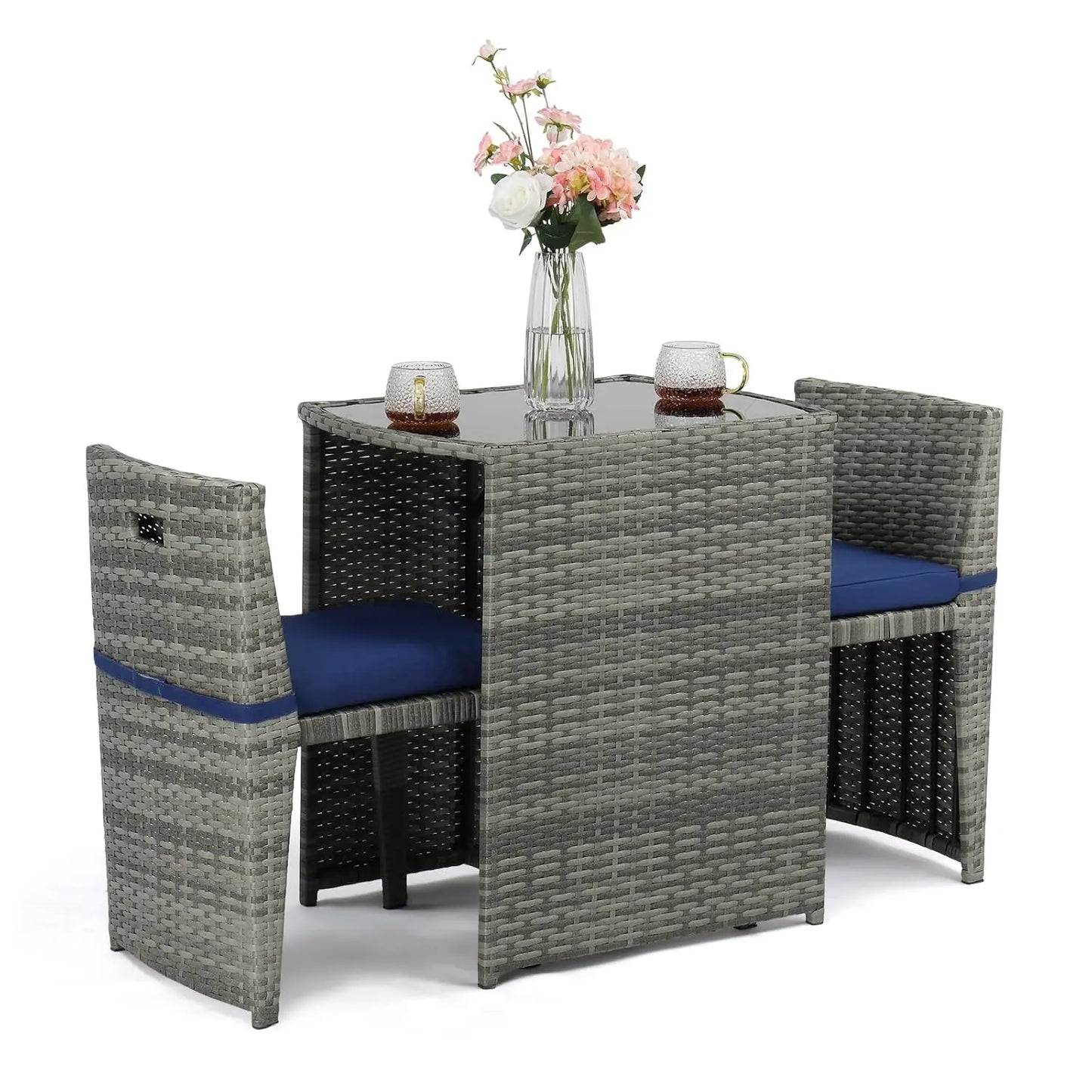 XIAOLANG 3 Piece Wicker Outdoor Patio Bistro Set With Glass Top Table