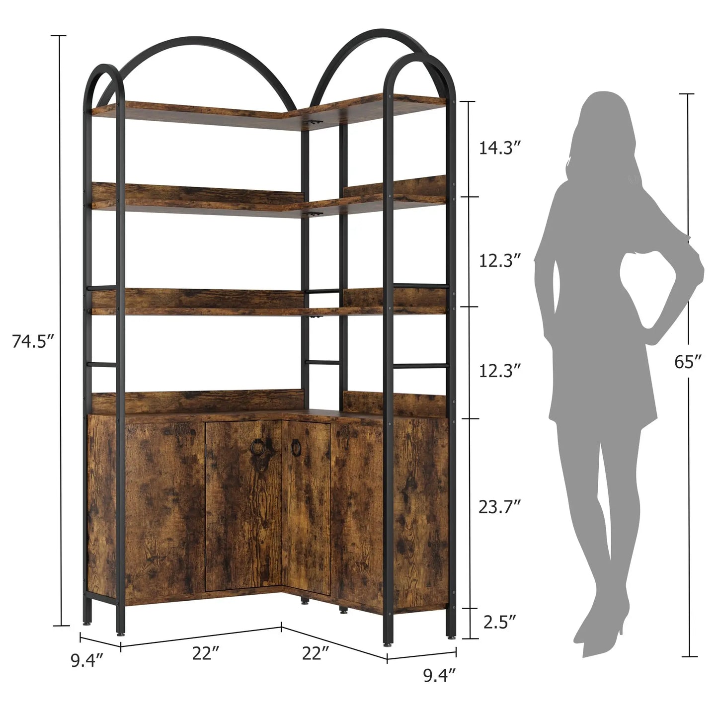 HiMiss Arched Corner Bookcase With Cabinet Storage Shelf Unit
