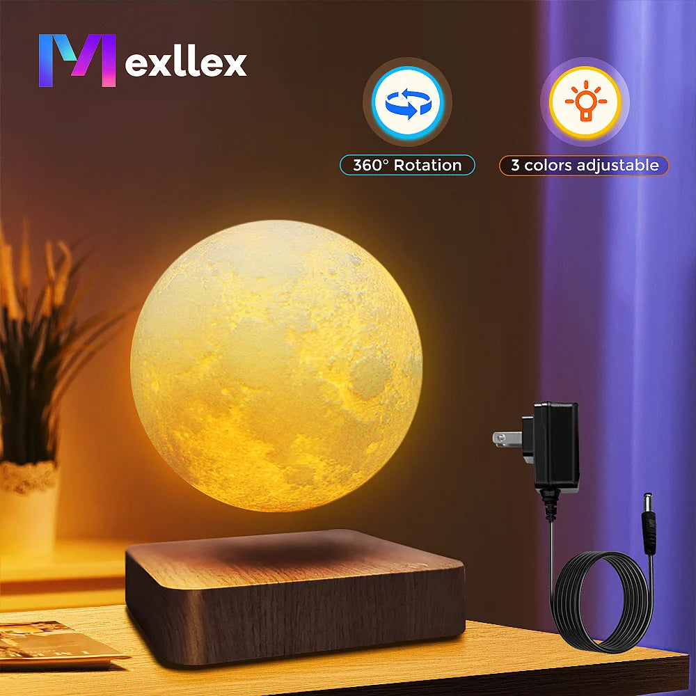 Mexllex Magnetic Floating Moon Lamp With Wooden Base 3 Color LED Night Light