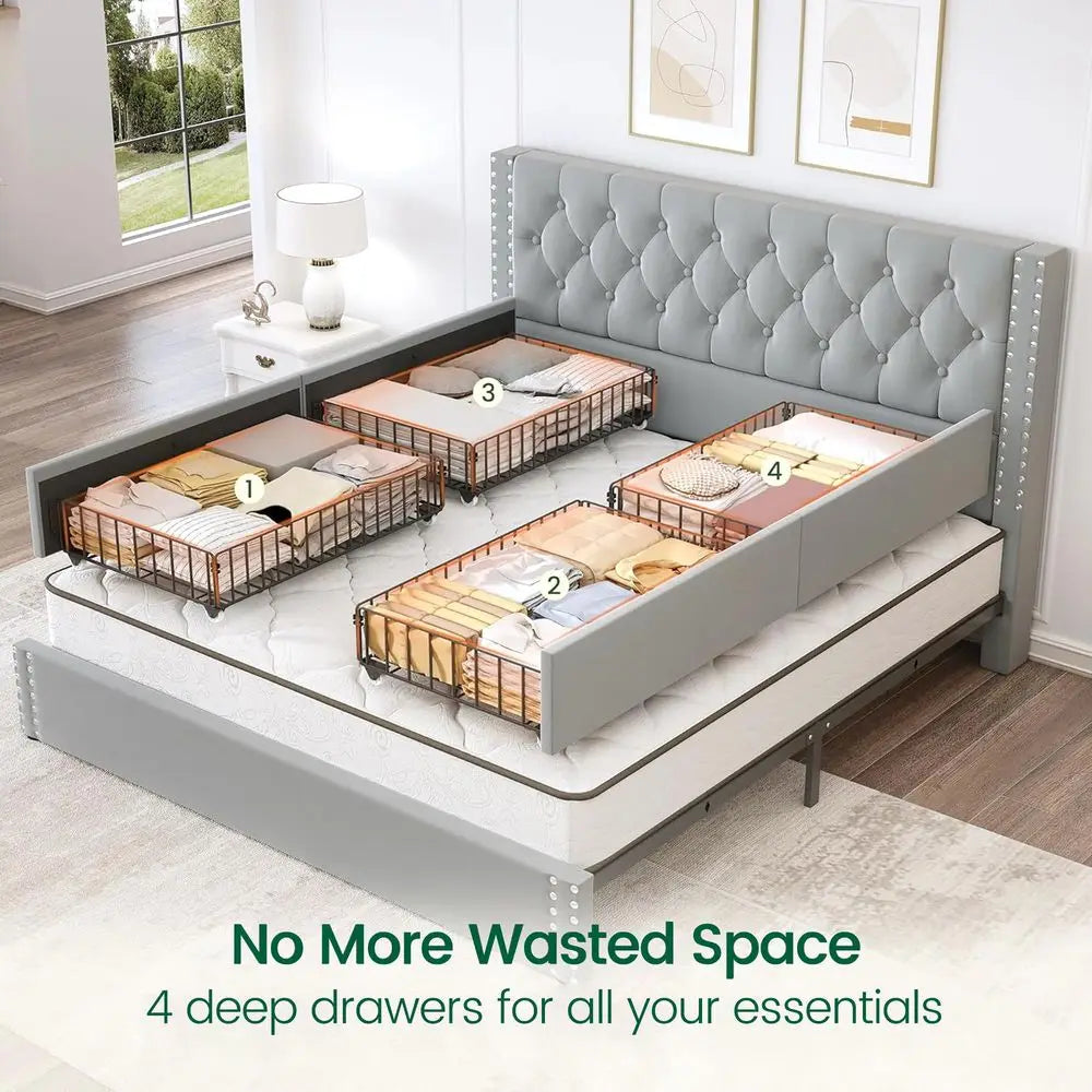 Velvet Upholstered Bed Frame With Tufted Headboard 4 Storage Drawers