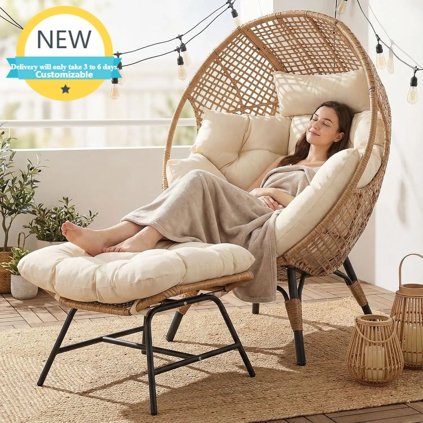 Egg Chair With Ottoman Indoor Outdoor Wicker Patio Lounge