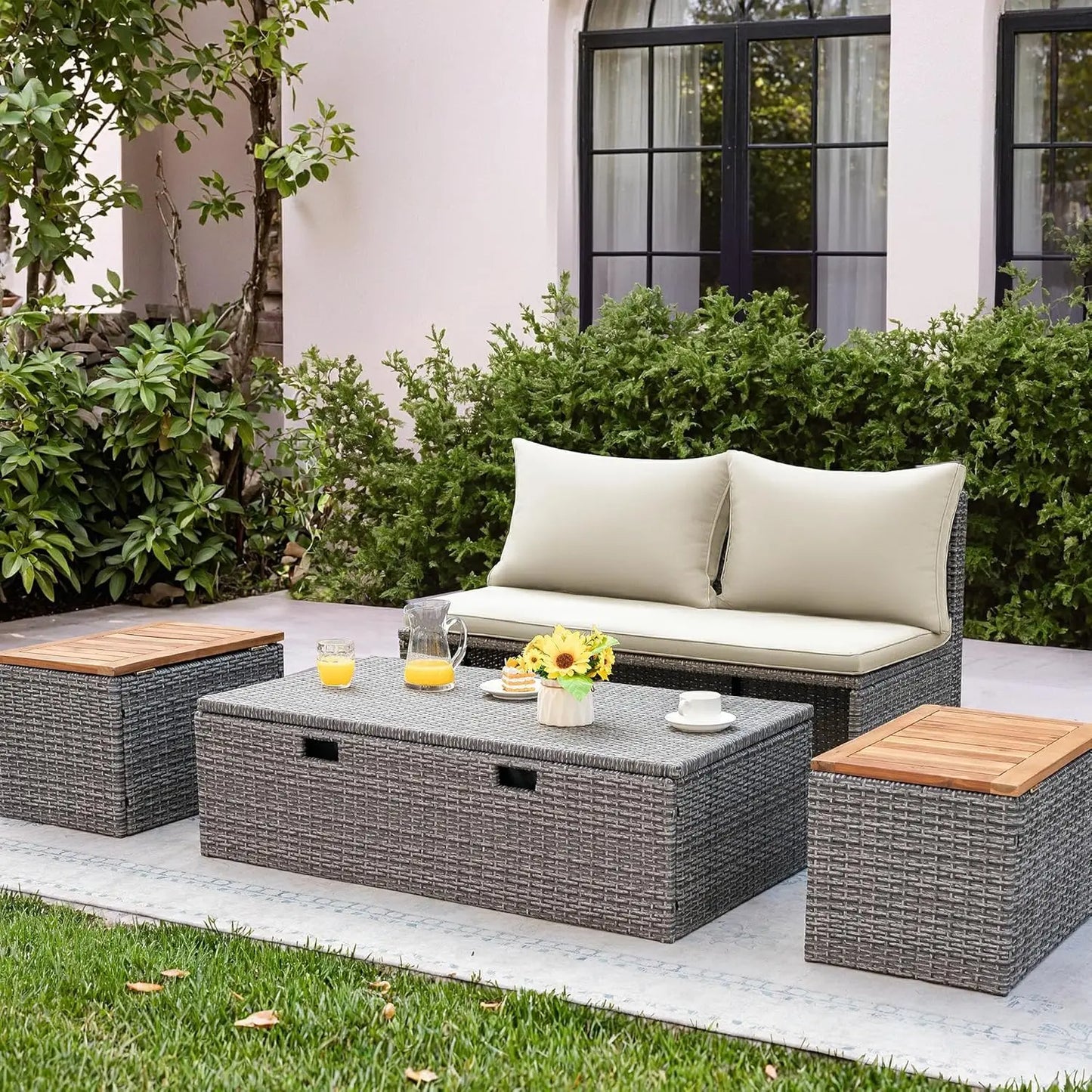 Outdoor Rattan Daybed With Side Tables And Storage Ottoman
