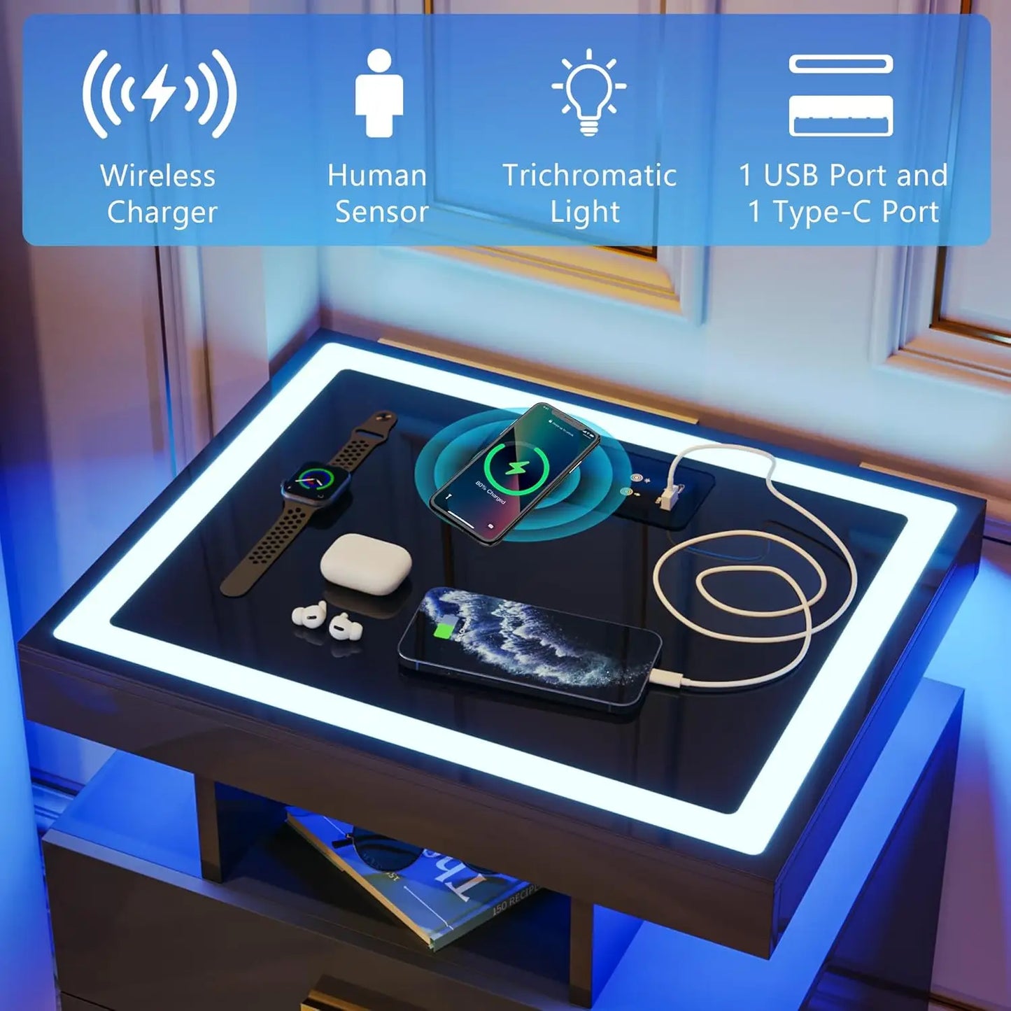 Wireless Charging Nightstand With Auto Sensor LED End Table