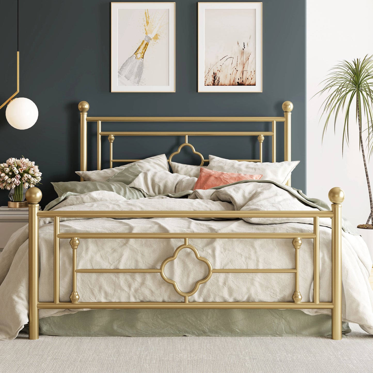 HOOMIC Vintage Victorian Metal Platform Bed Frame With Headboard